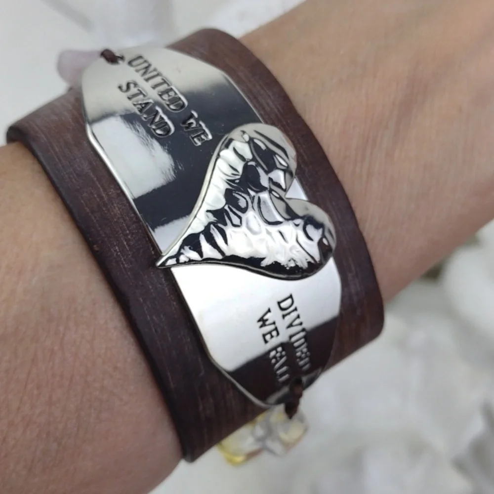 Leather Cuff Bracelet W/Crafted Hammered Silver Heart 